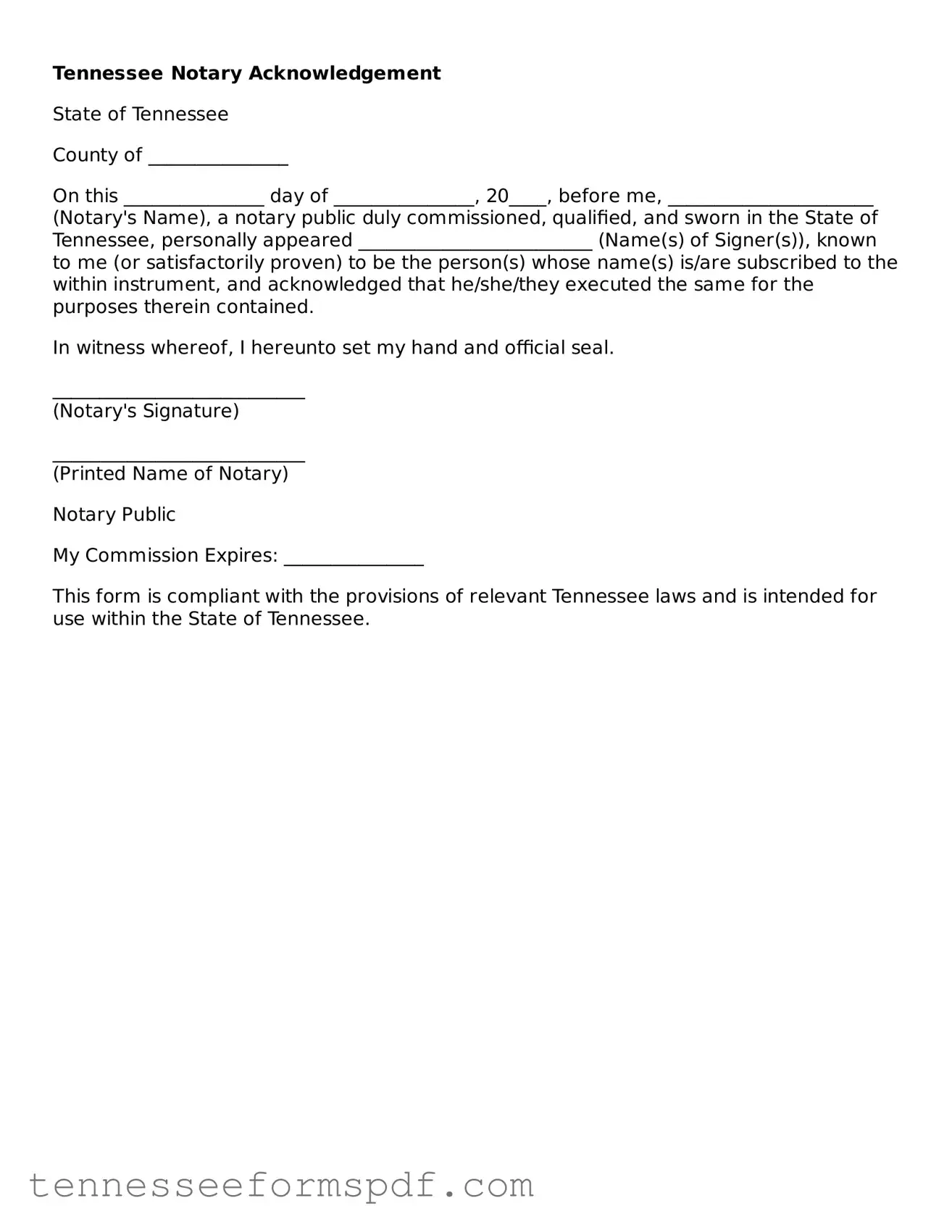 Fillable Tennessee Notary Acknowledgement Document