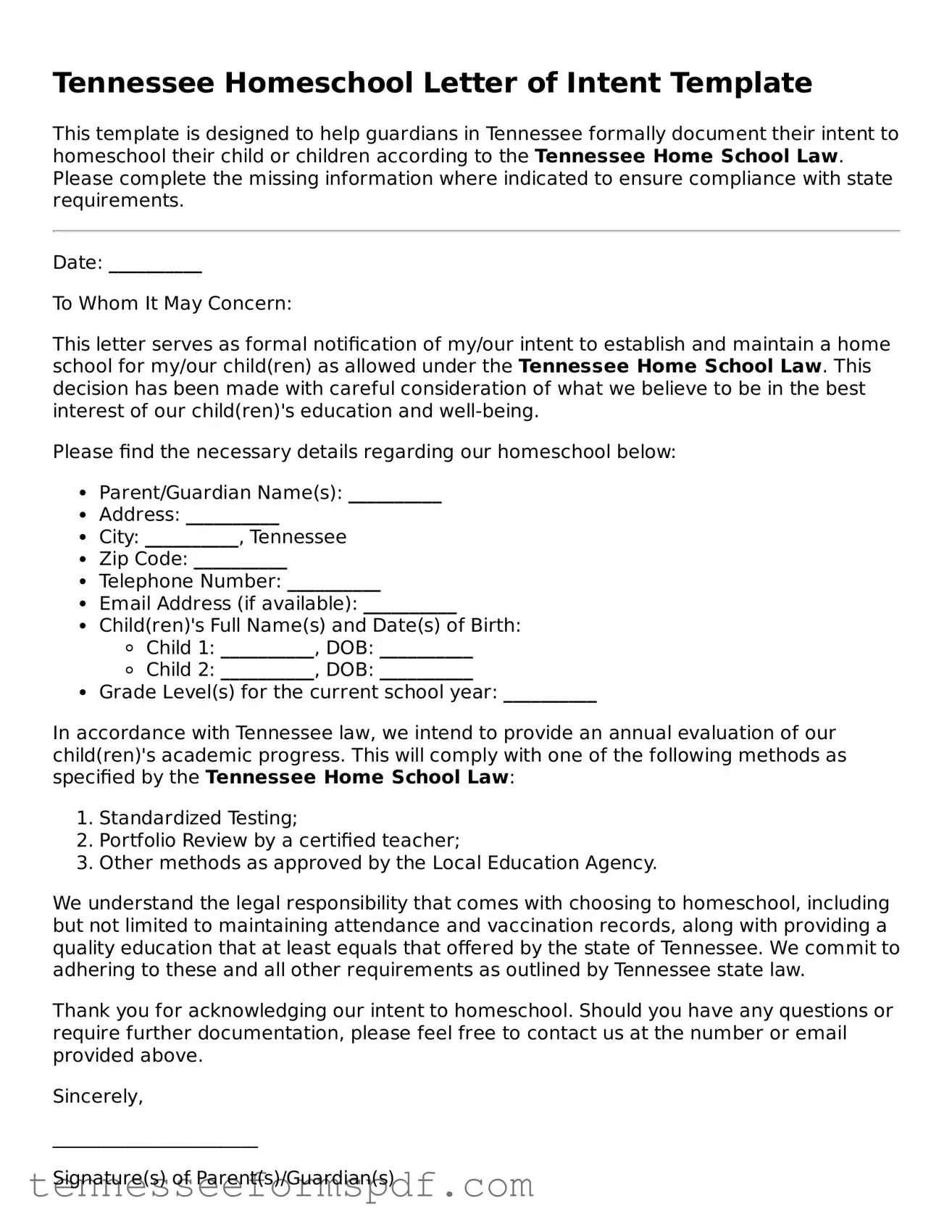 Fillable Tennessee Homeschool Letter of Intent Document