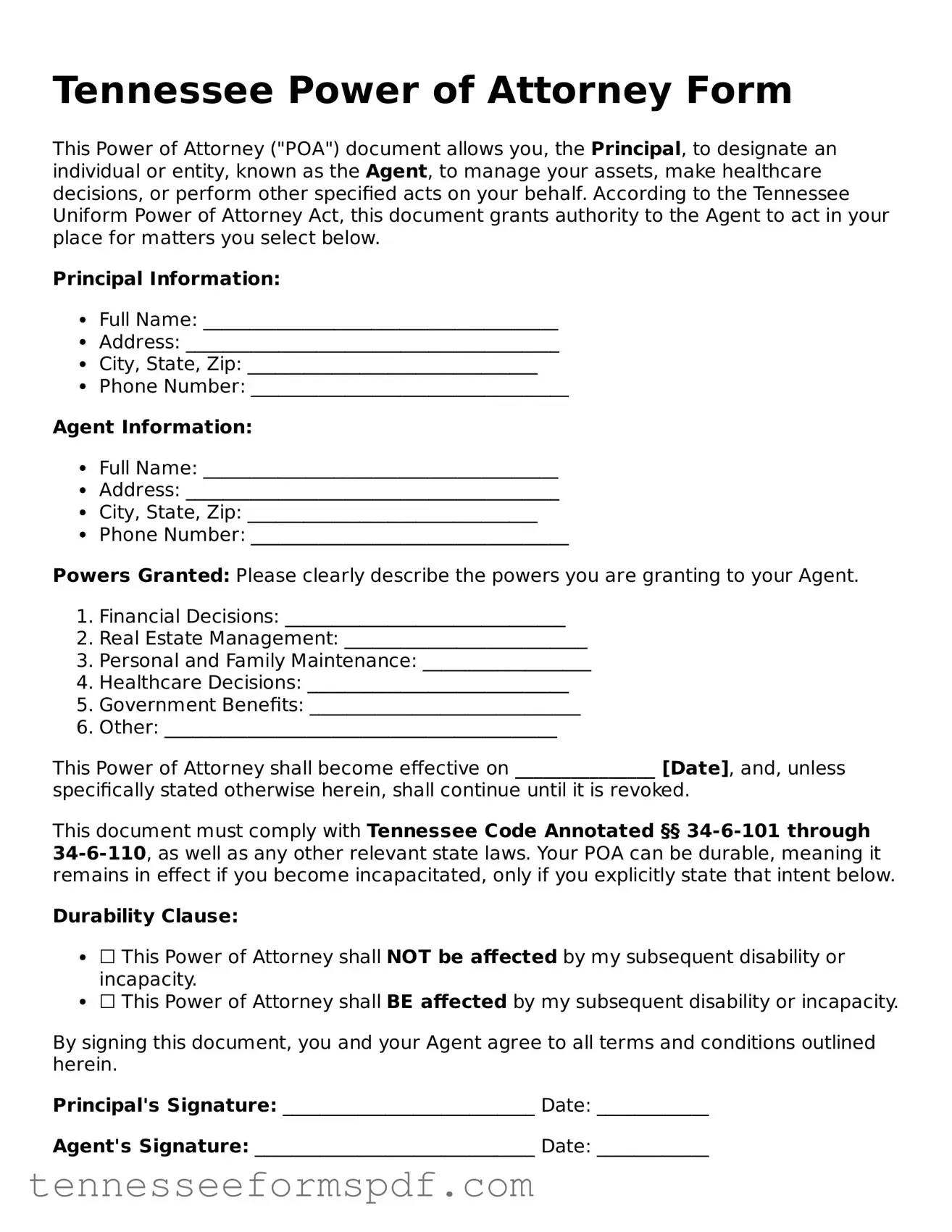 Fillable Tennessee Power of Attorney Document