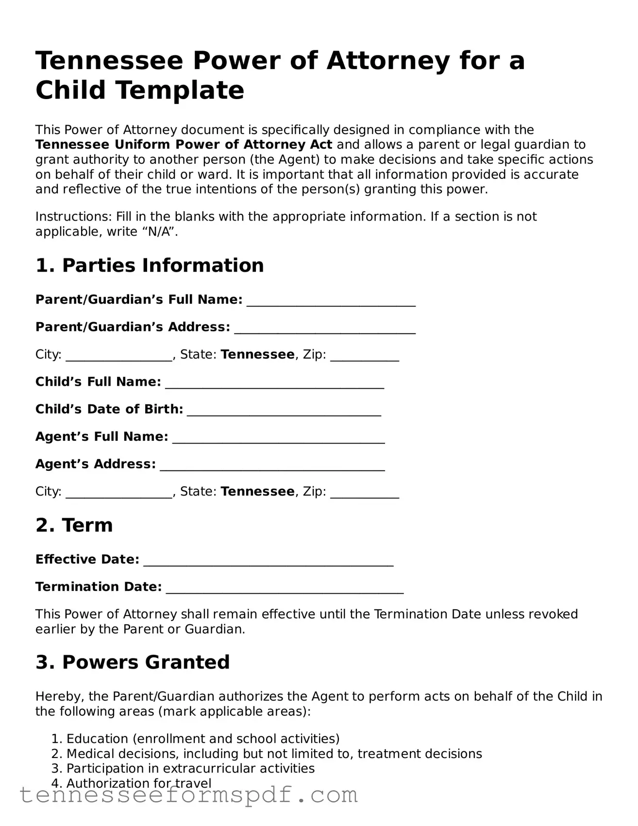 Fillable Tennessee Power of Attorney for a Child Document