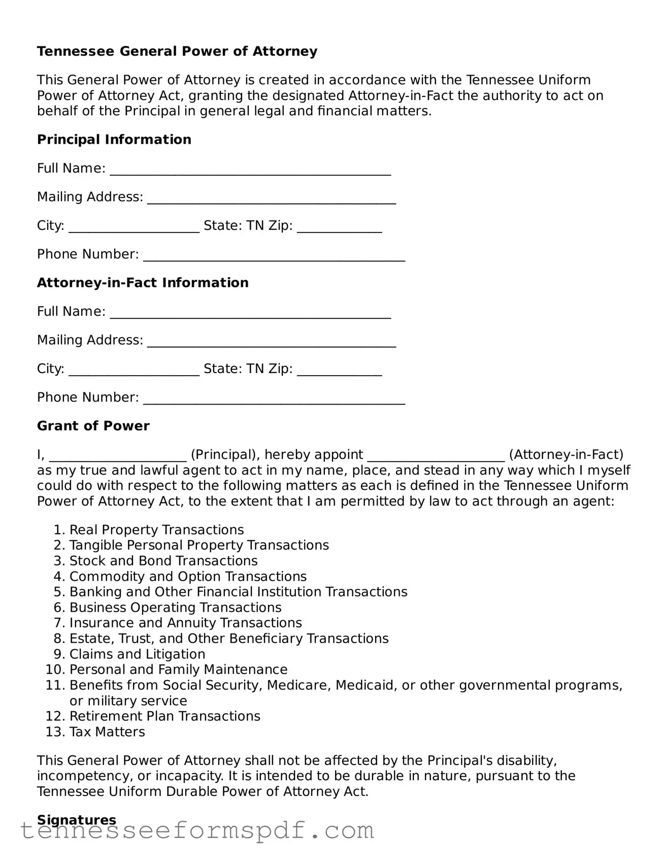Fillable Tennessee General Power of Attorney Document