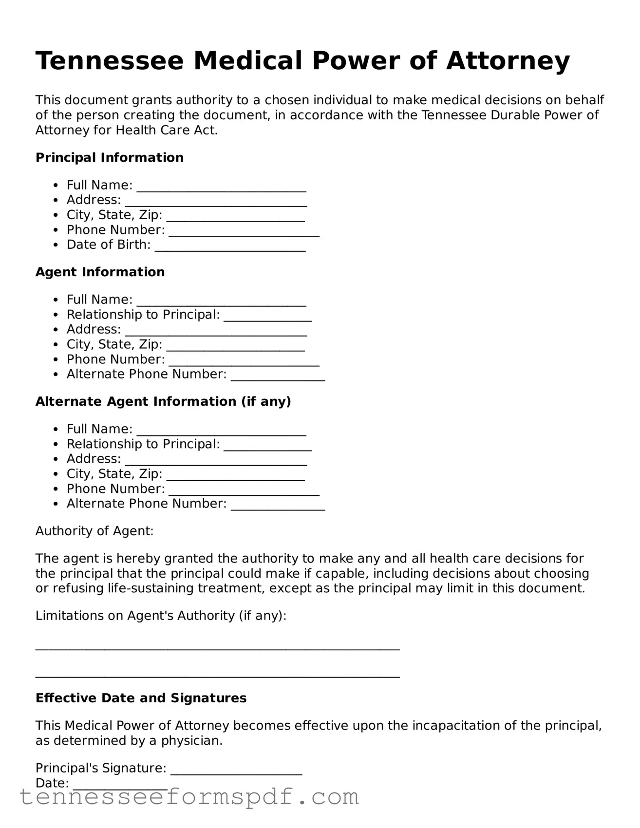 Fillable Tennessee Medical Power of Attorney Document