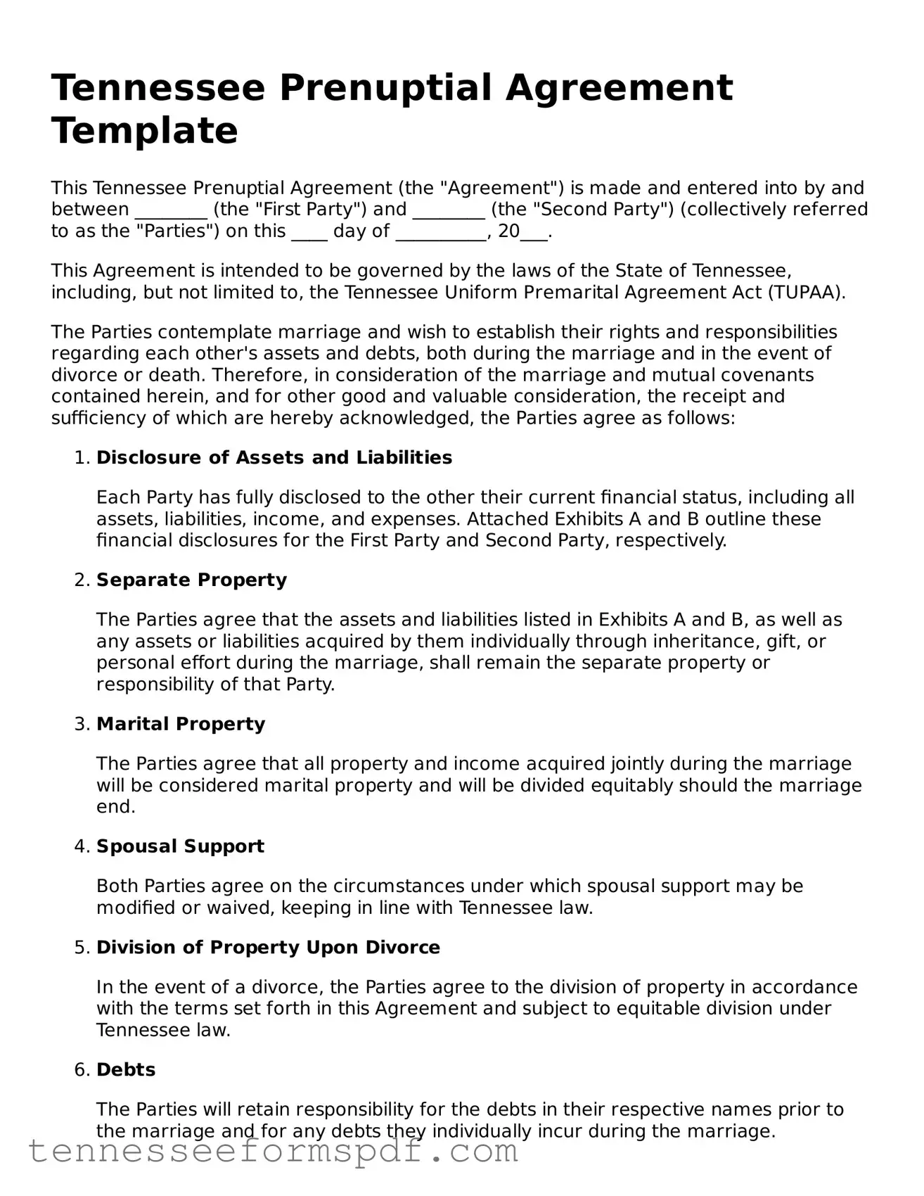 Fillable Tennessee Prenuptial Agreement Document