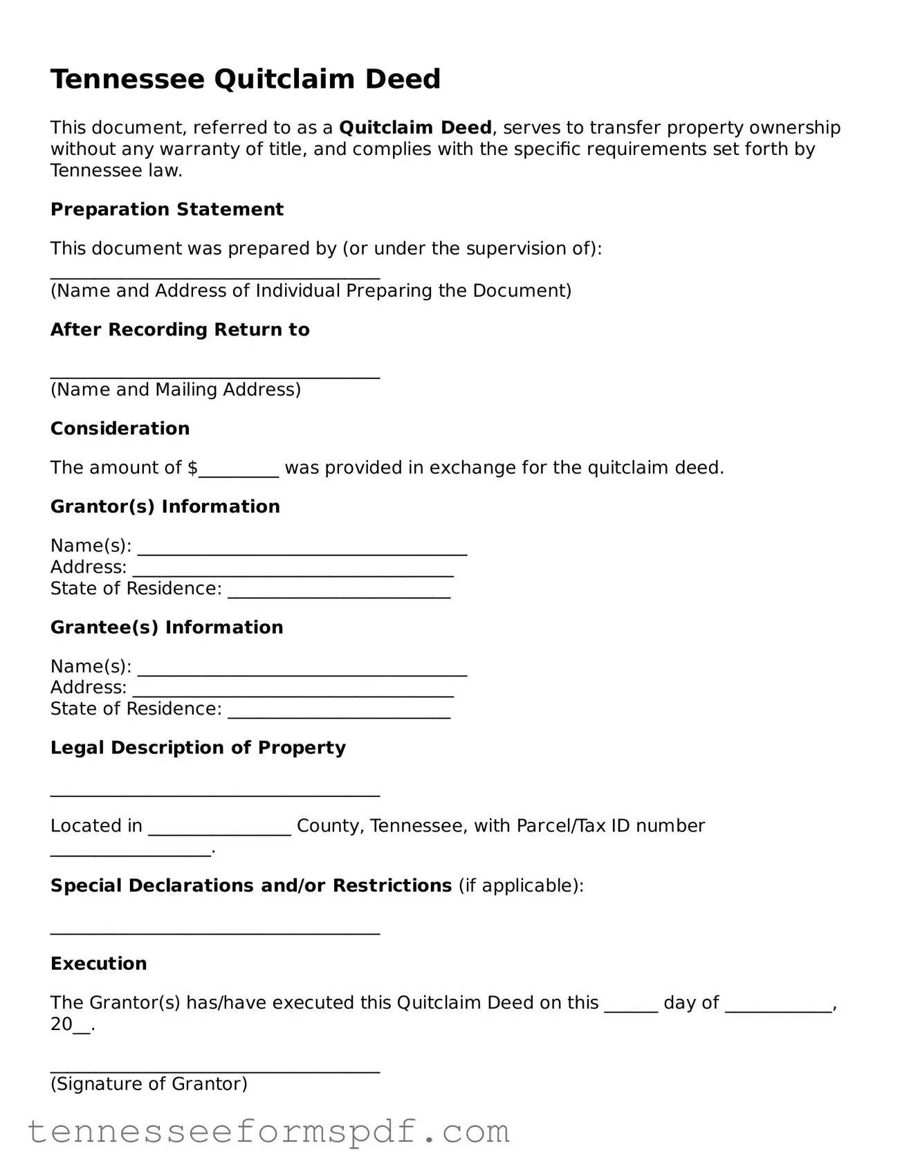 Fillable Tennessee Quitclaim Deed Document