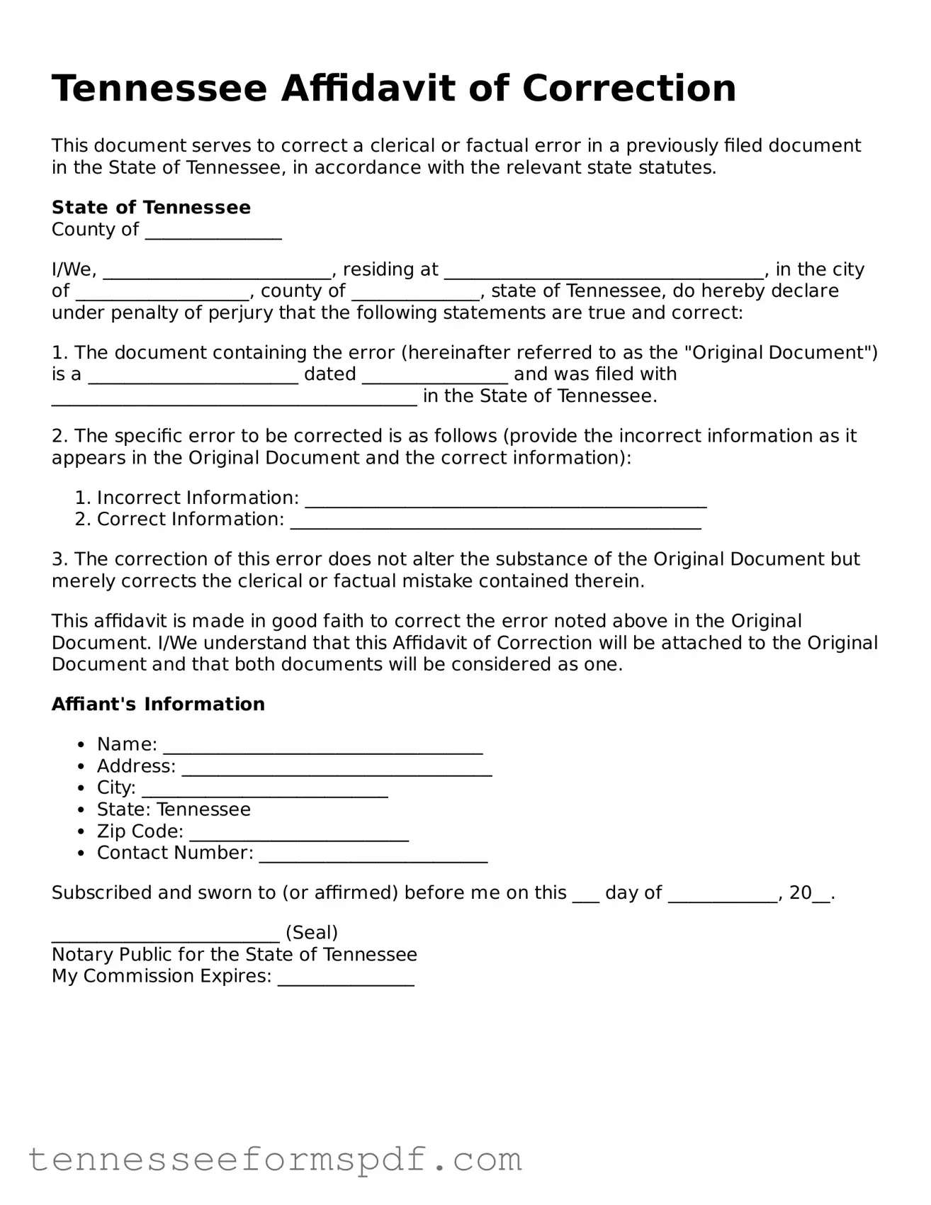 Fillable Tennessee Affidavit of Correction Document