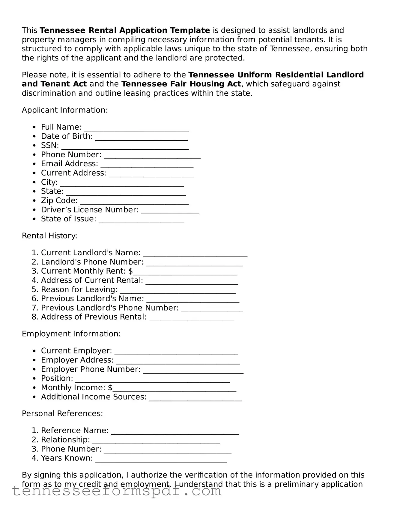 Fillable Tennessee Rental Application Document