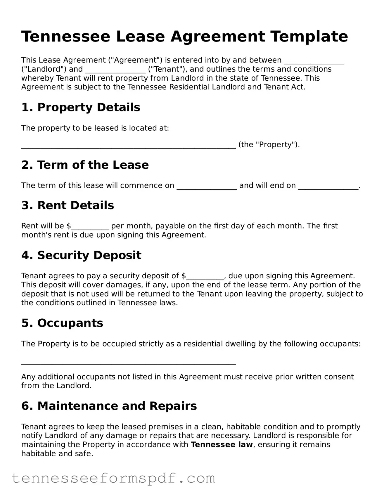 Fillable Tennessee Lease Agreement Document