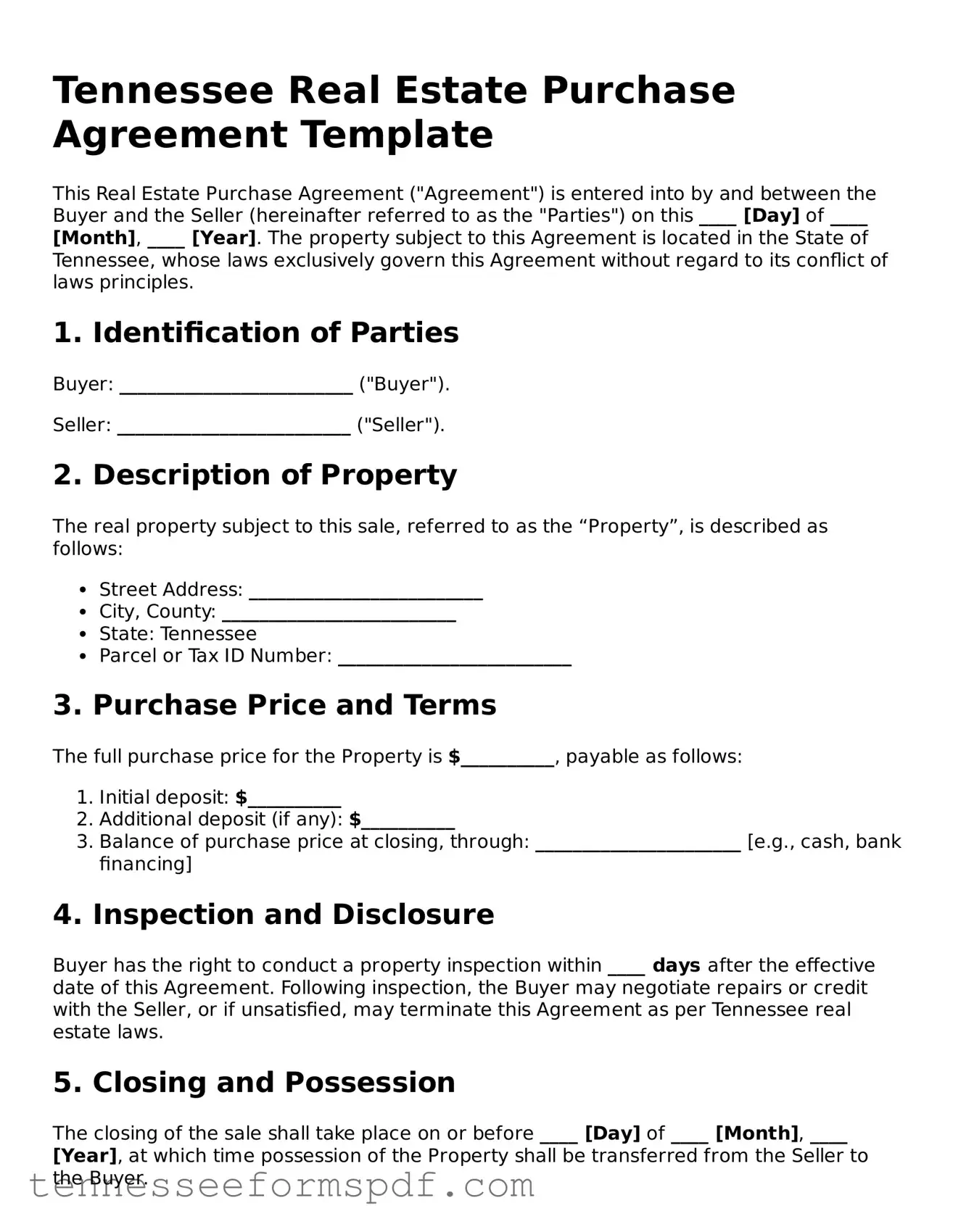 Fillable Tennessee Real Estate Purchase Agreement Document