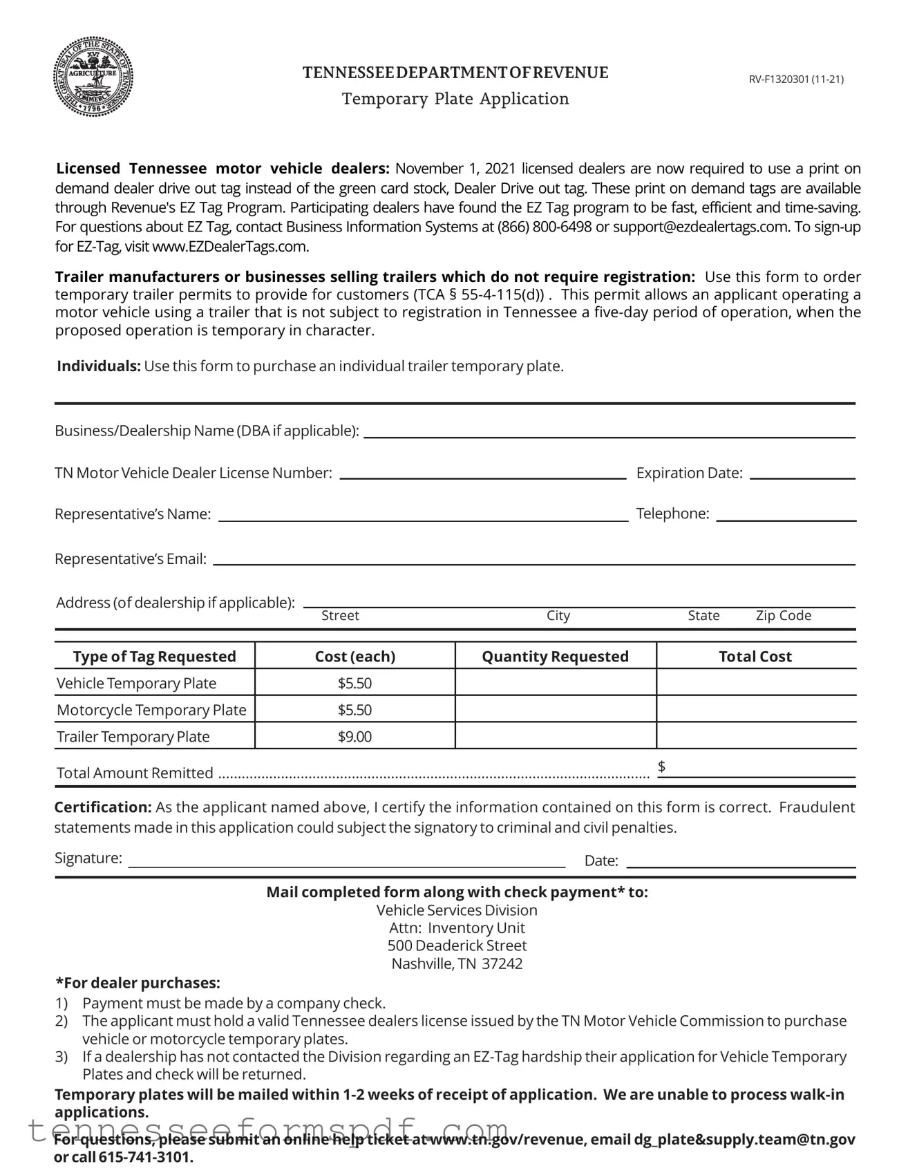 Fill Out Your Tennessee Temporary Plate Form