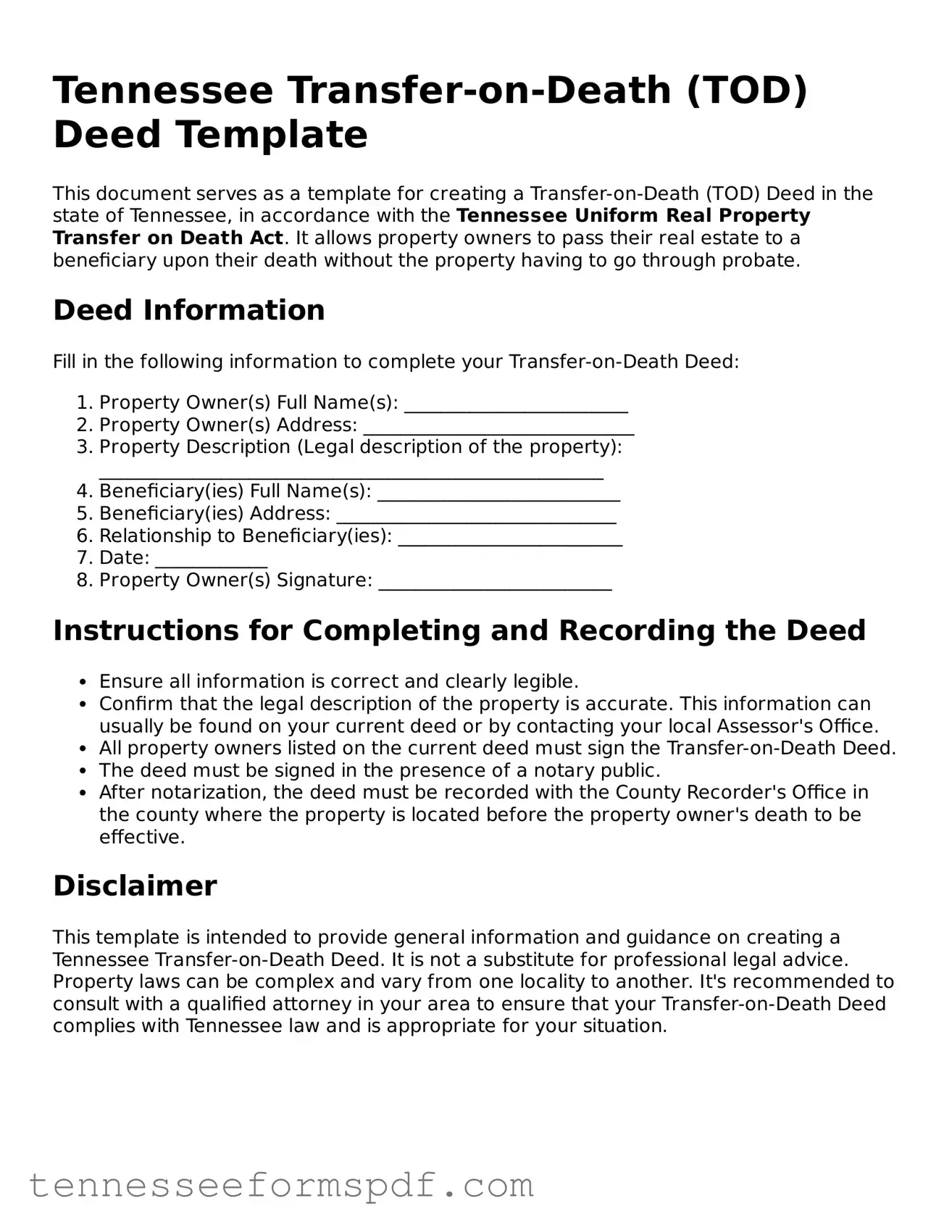 Fillable Tennessee Transfer-on-Death Deed Document