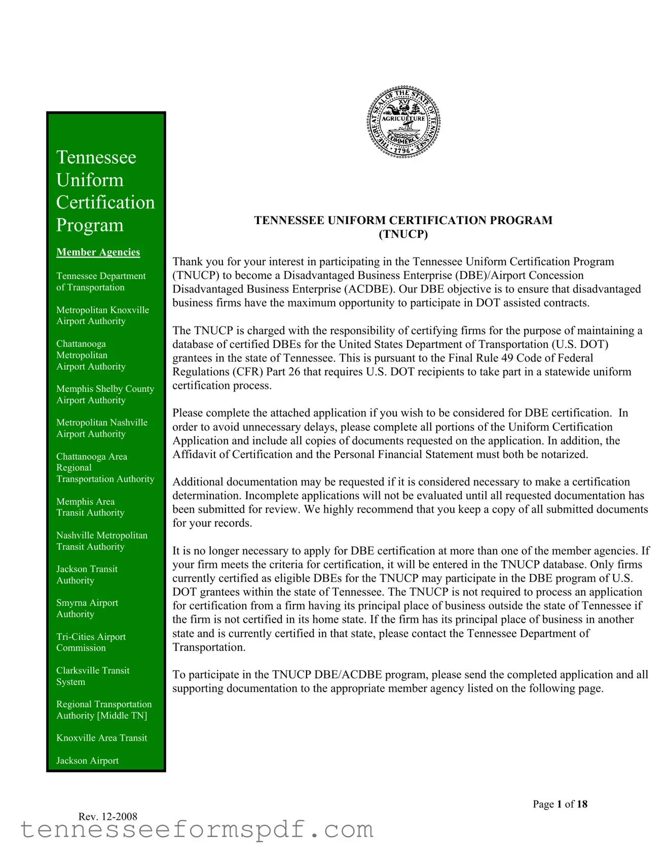 Fill Out Your Tennessee Uniform Certification Form