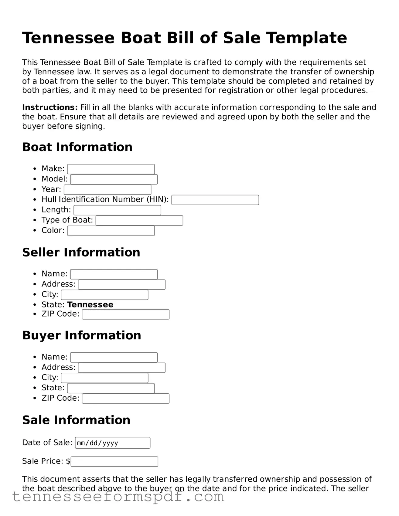 Fillable Tennessee Boat Bill of Sale Document